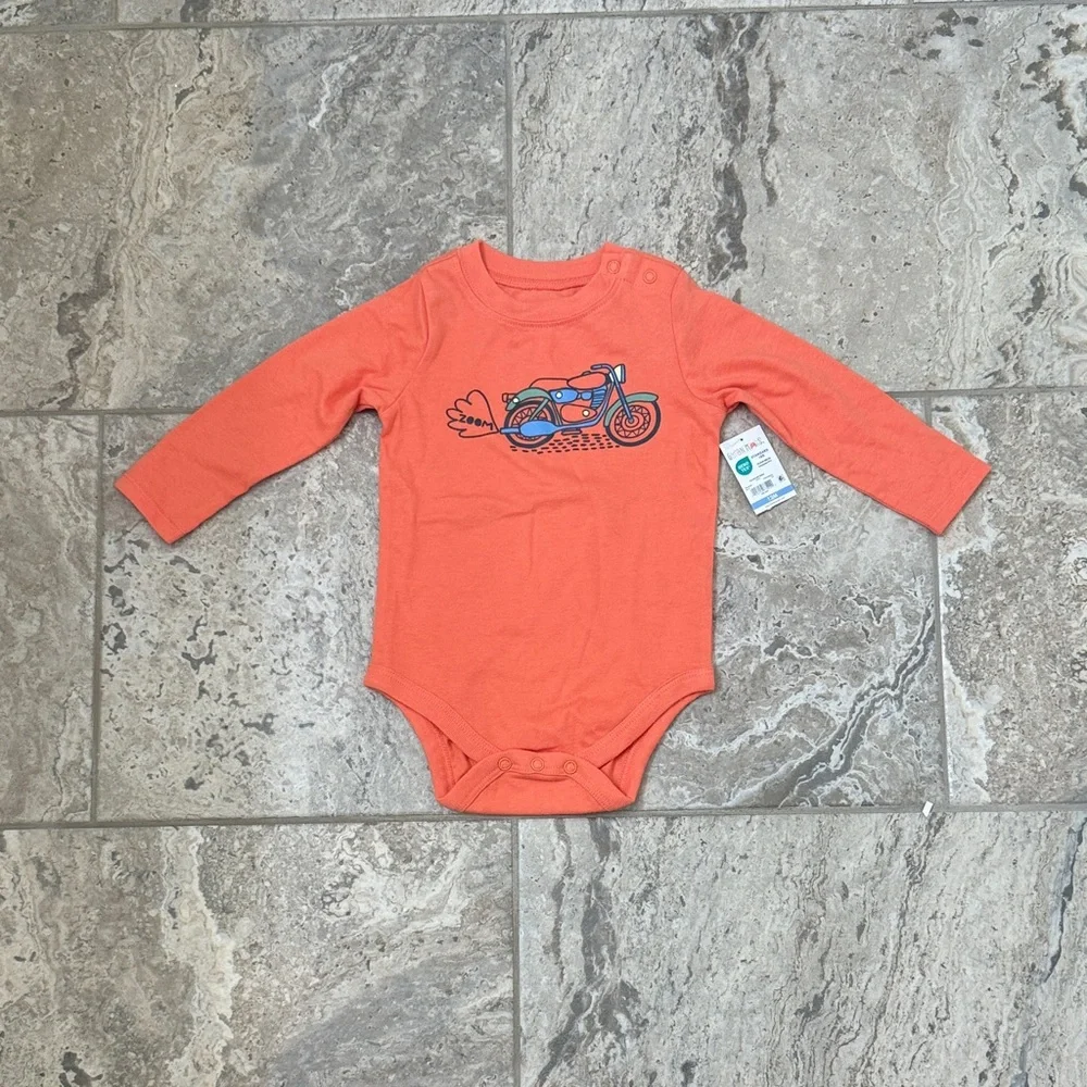 NWT Size 12months Garanimals Orange Motorcycle Print long sleeve Onesie